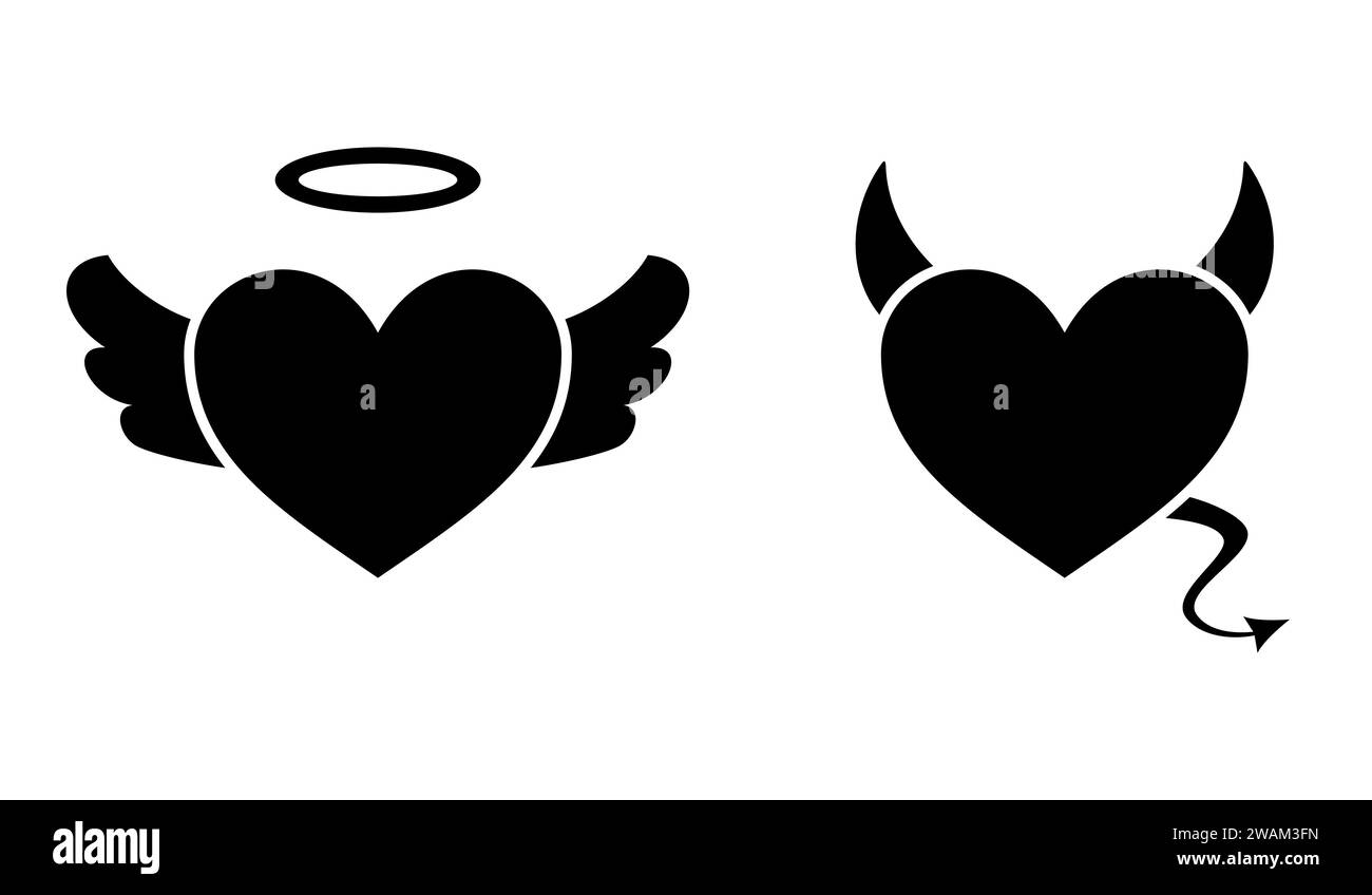Cuore con corna del diavolo, coda e cuore con ali d'angelo e alone isolato su sfondo bianco, Devil Love. Concetto di San Valentino, Vector illustra Illustrazione Vettoriale