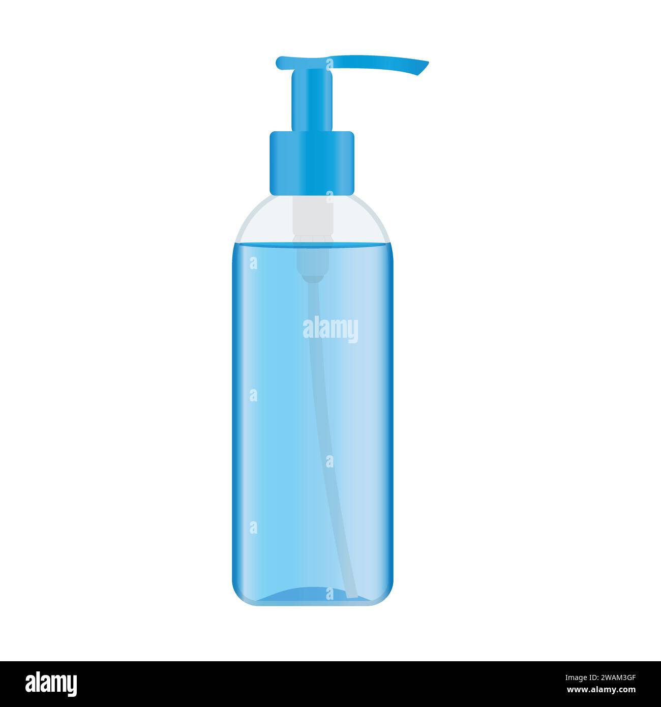 Flacone pompa in plastica con liquido blu all'interno. Flacone dispenser con prodotto cosmetico come gel detergente. Illustrazione vettoriale Illustrazione Vettoriale