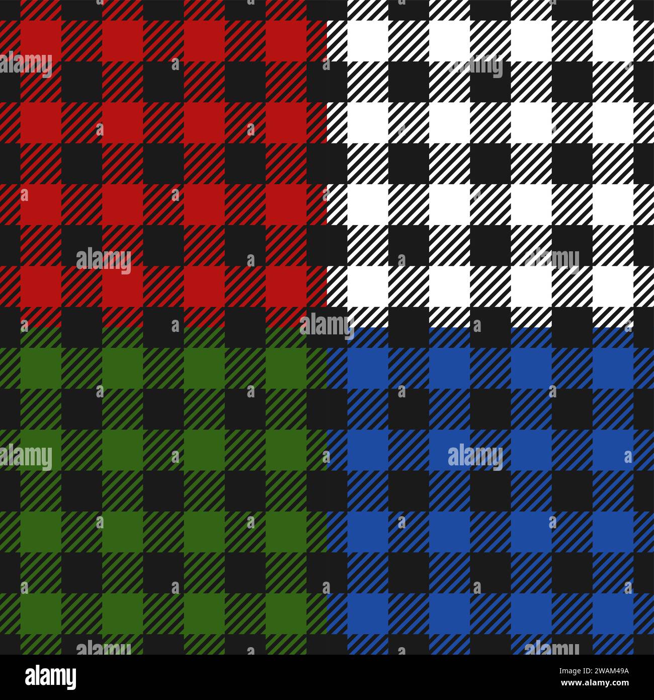 Set di flanelle con motivo a quadri Lumberjack senza cuciture, quadratini colorati alternati sfondo a scacchi. Gabbia scozzese. Illusione vettoriale Illustrazione Vettoriale