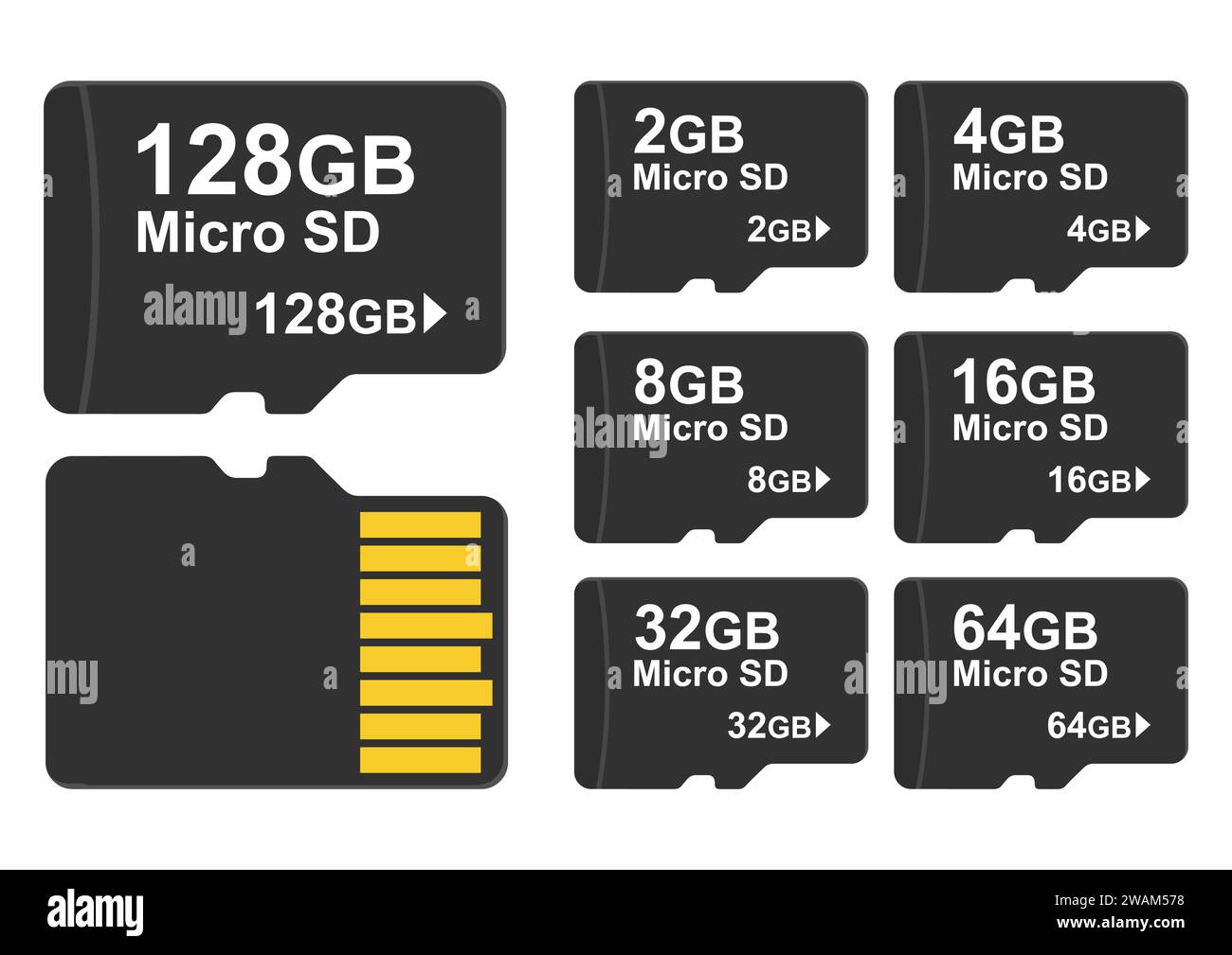 Set di schede micro SD isolato su sfondo bianco. Illustrazione vettoriale Illustrazione Vettoriale