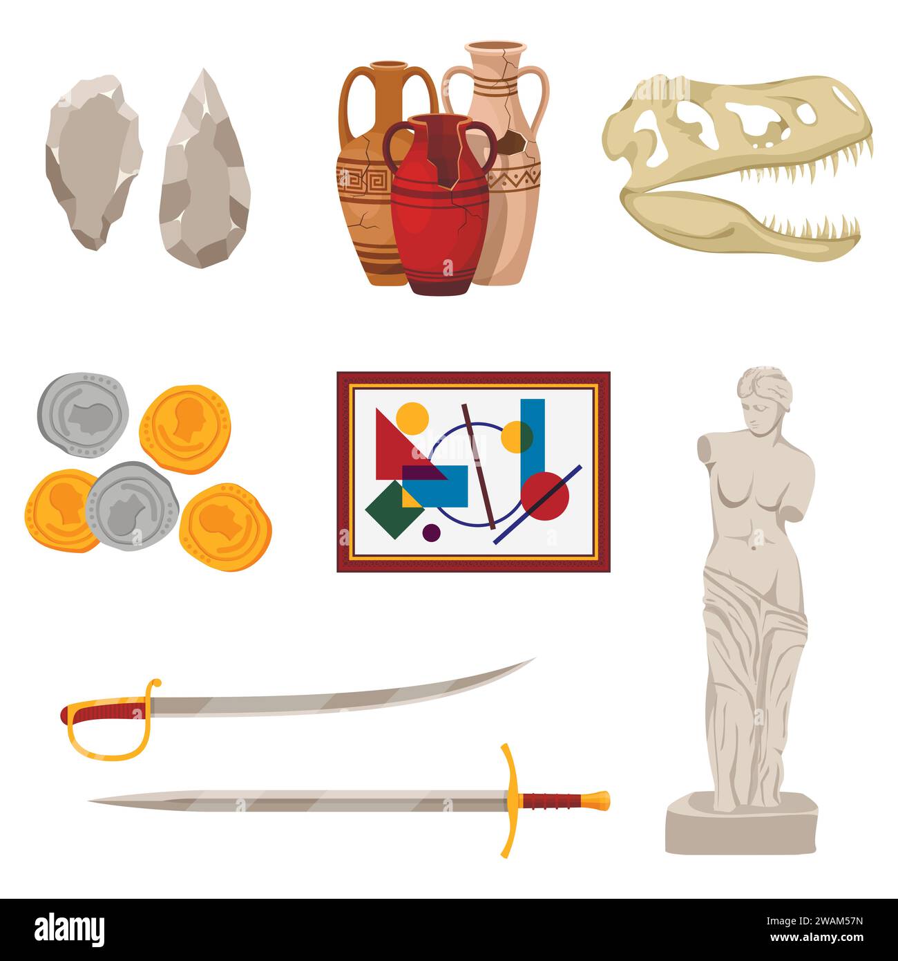 Il set del museo espone pod e strumenti icone di vari periodi storici: Strumenti in pietra, anfore antiche, teschio di dinosauro, vecchie monete, foto, spade e sta Illustrazione Vettoriale