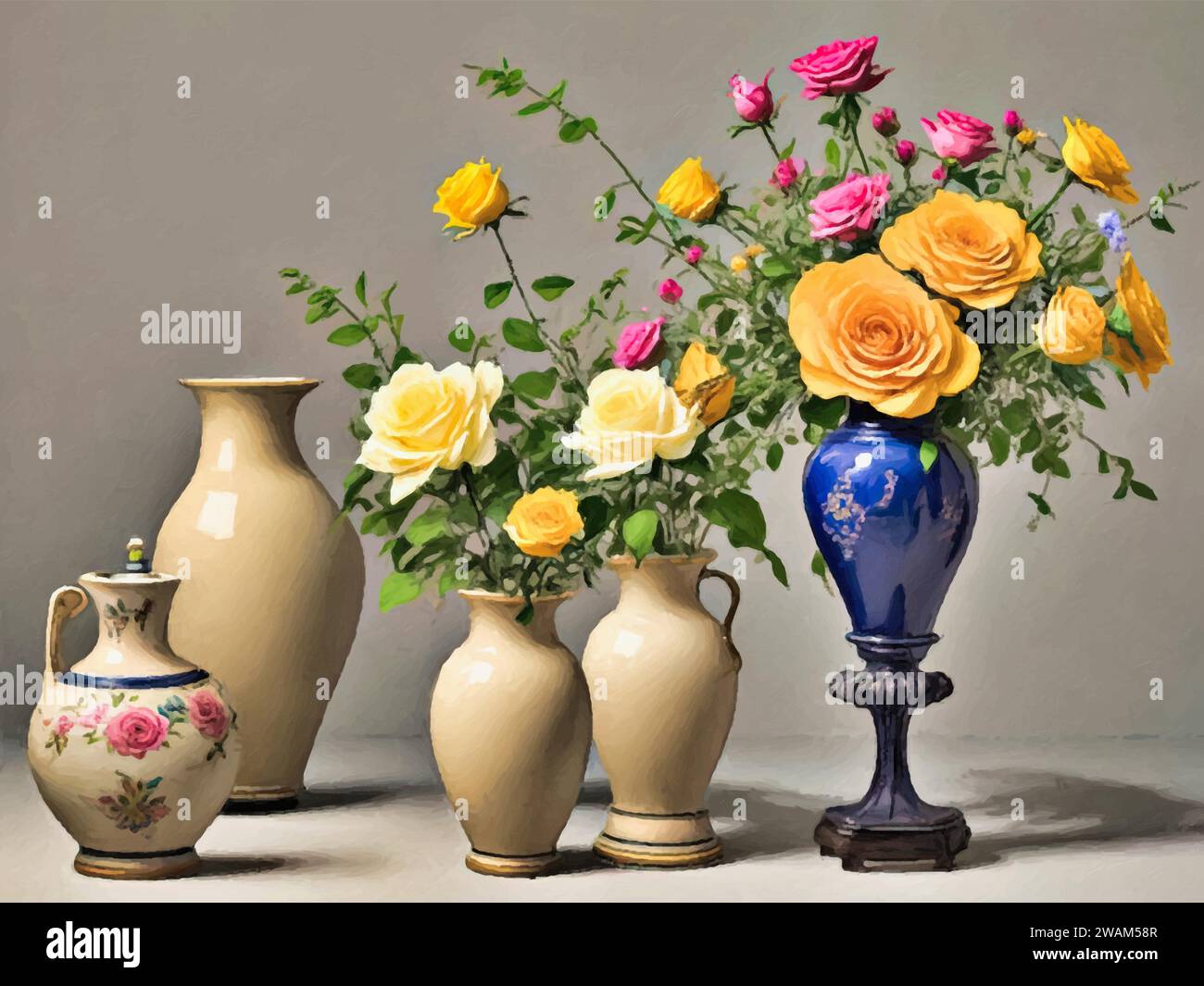 Un bouquet di rose in un vaso giapponese. Un vivace dipinto di natura morta con un vivace bouquet di rose. Illustrazione Vettoriale