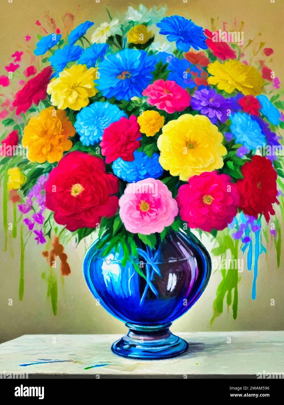 Un bouquet di fiori in un vaso. Un vivace dipinto di natura morta caratterizzato da un vivace bouquet di fiori. Illustrazione Vettoriale