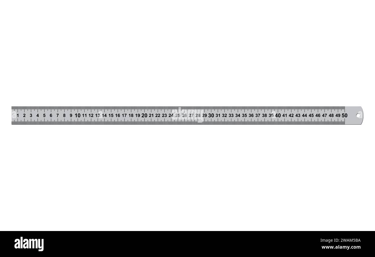 Strumento di misurazione con righelli metallici 50 centimetri isolati su sfondo bianco. Strumento misura cm metro, righello metrico metallizzato scuola utensili metrici geometri Illustrazione Vettoriale