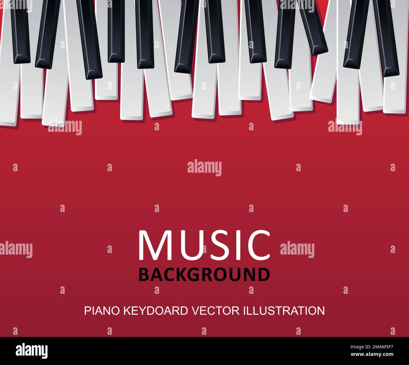 Sfondo musicale rosso con tasti pianoforte e testo. Il modello di progettazione grafica può essere utilizzato per sfondo, sfondo, banner, brochure, opuscoli, pubblicazione. Illustrazione Vettoriale