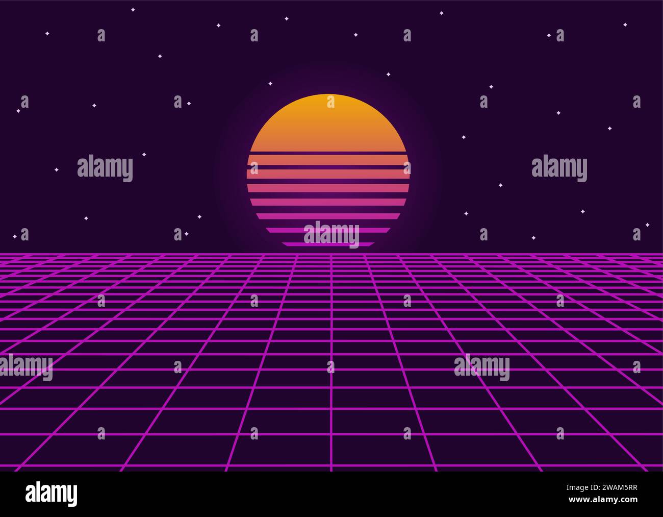 Futuristico paesaggio retrò degli anni '80 contesto. Griglia a onde sintetiche geometriche al neon, spazio luminoso con tramonto, design cyberpunk astratto viola anni '80 di Illustrazione Vettoriale