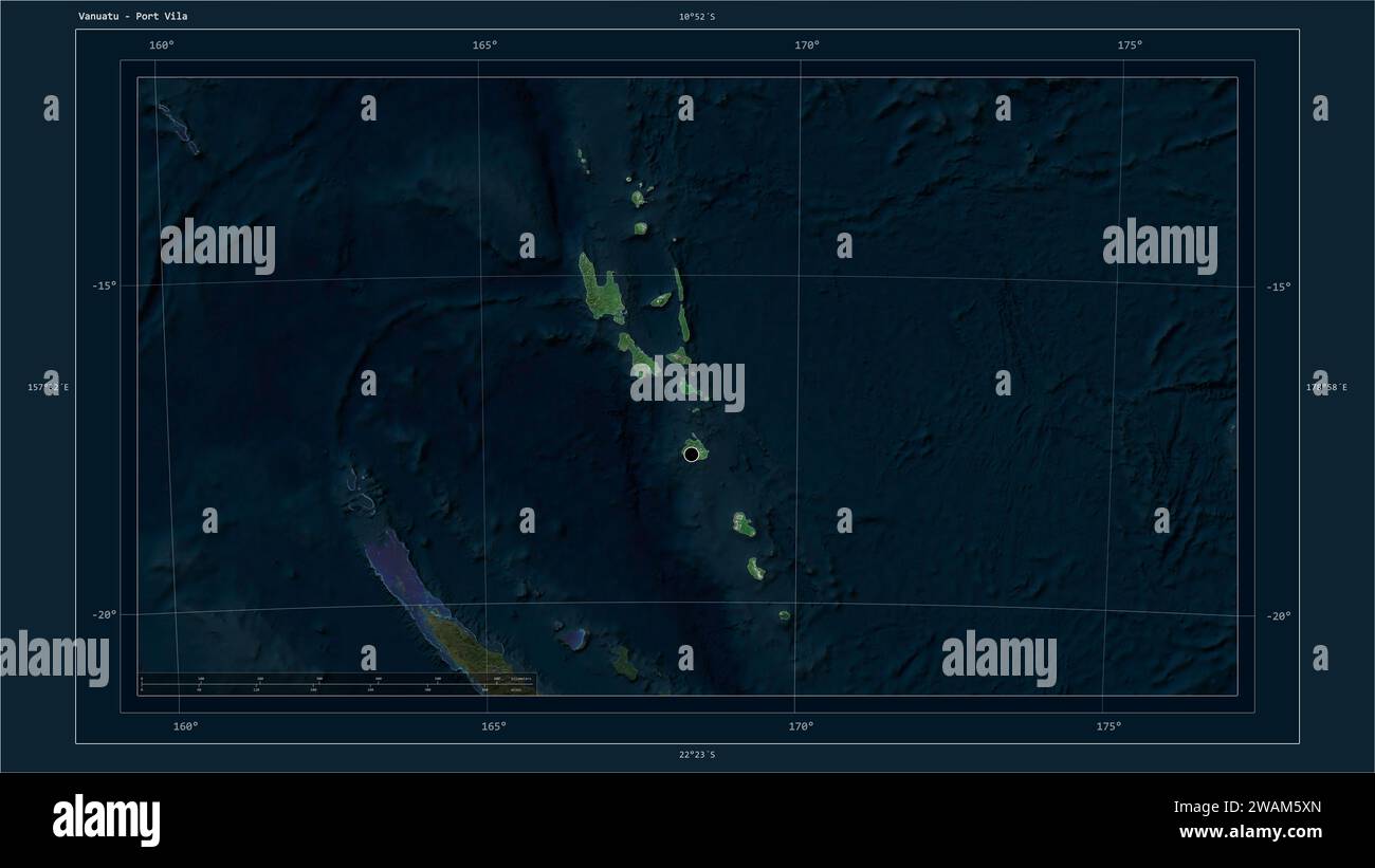 Vanuatu è stata evidenziata su una mappa satellitare ad alta risoluzione con la capitale del paese, la griglia cartografica, la scala della distanza e il coordina confine della mappa Foto Stock