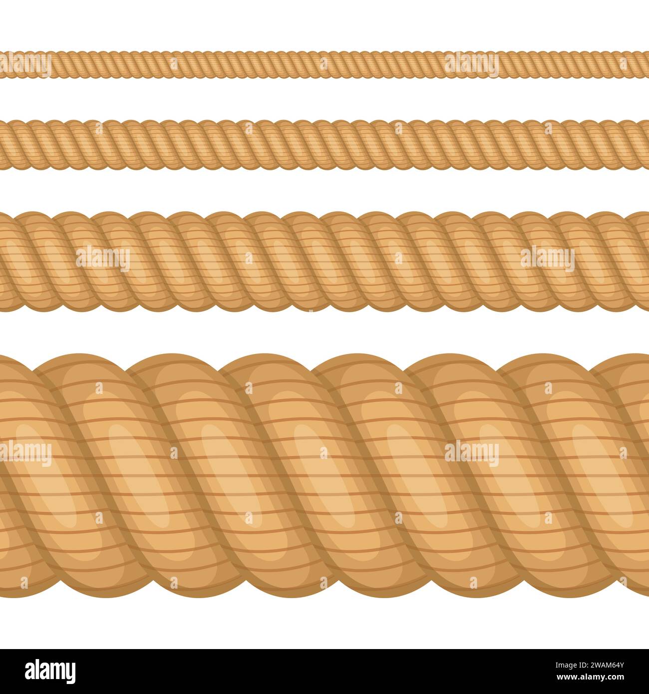 Set di corde di spessore diverso isolate su sfondo bianco. Corda intrecciata nautica, spago marrone in stile cartone animato piatto. Illustrazione vettoriale Illustrazione Vettoriale