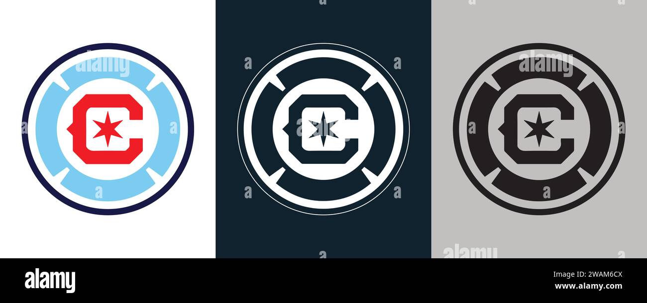 Chicago Fire FC colore bianco e nero Logo a 3 stili squadra di calcio professionale USA illustrazione vettoriale immagine astratta modificabile Illustrazione Vettoriale