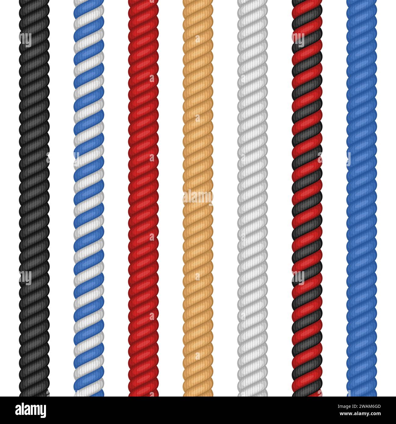 Set di diverse corde colorate isolate su sfondo bianco. Spago nautico Twisted Rope in stile cartone animato piatto. Illustrazione vettoriale Illustrazione Vettoriale