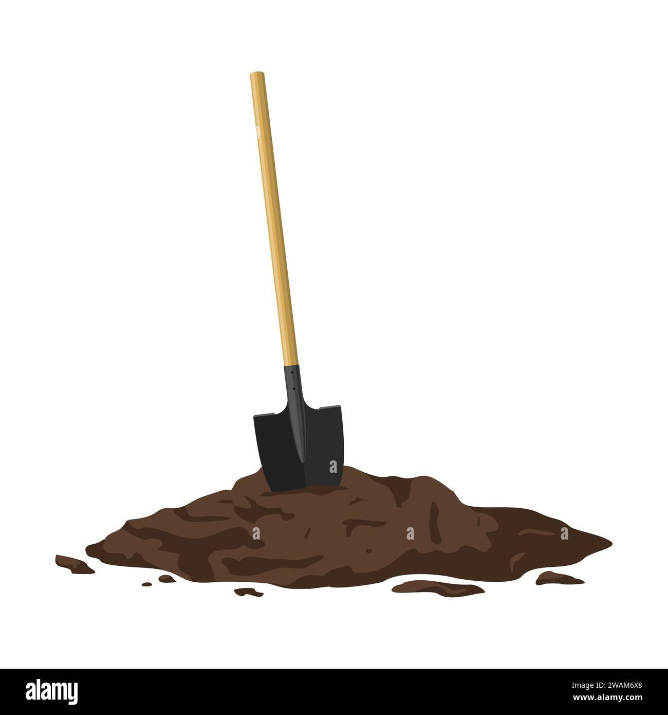 Pala in un cumulo di terreno isolato su sfondo bianco. Attrezzatura per attività all'aperto, scavo, giardinaggio. Attrezzature per l'edilizia in un cumulo di sporcizia. V Illustrazione Vettoriale