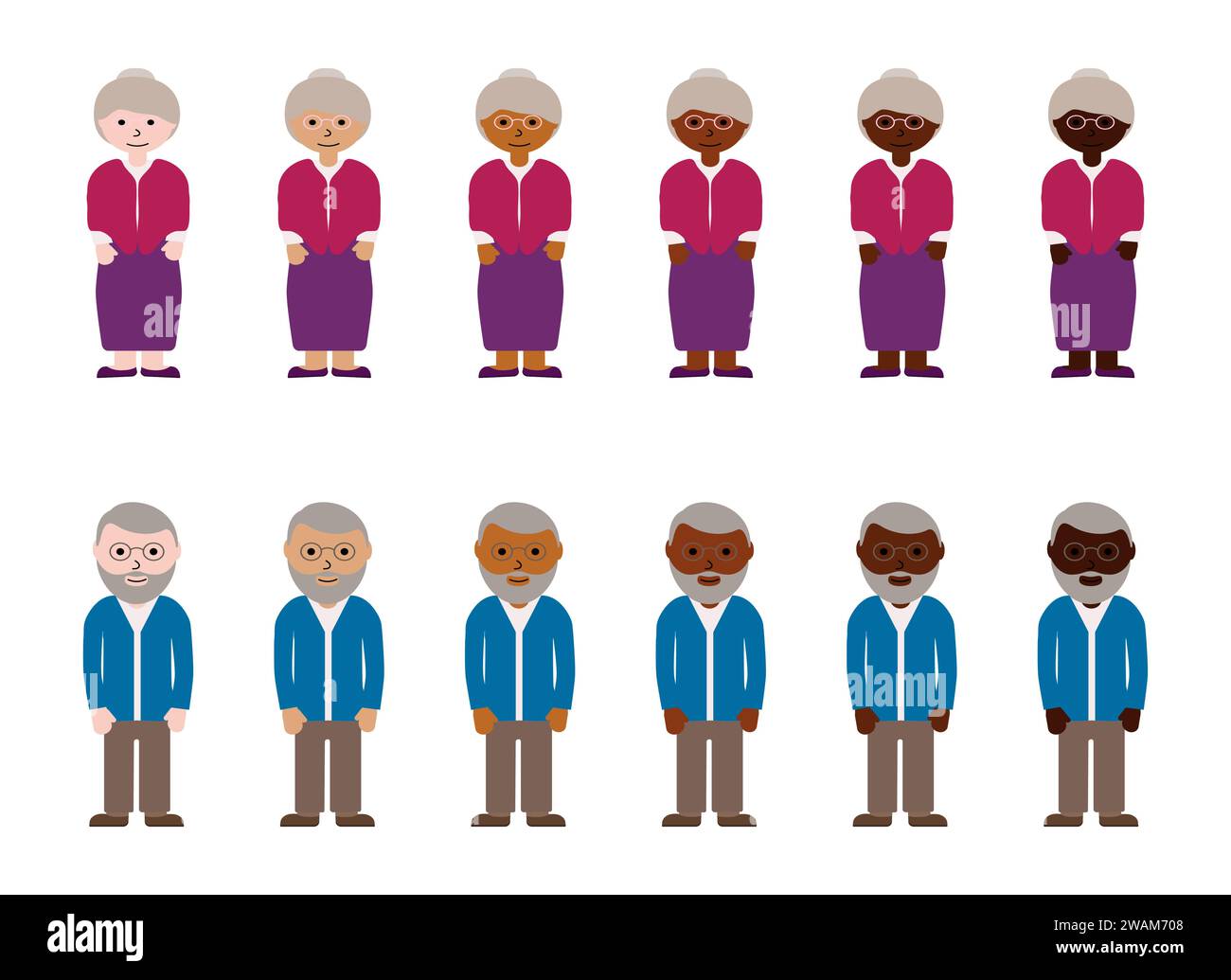 Nonne e nonni con diversi colori della pelle. Anziani o pensionati, nonni razza diversità. Illustrazione vettoriale multinazionale. Illustrazione Vettoriale