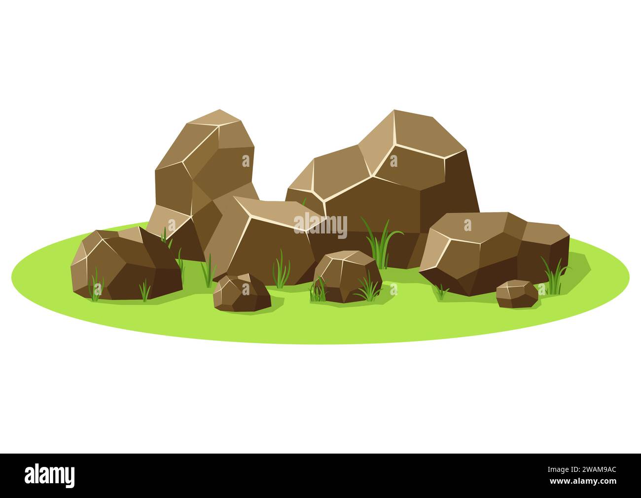 Rocce e pietre accumulate su erba verde. Pietre e rocce in stile piatto isometrico 3D. Imposta i massi di diverse forme e dimensioni per la lan naturale di sfondo Illustrazione Vettoriale