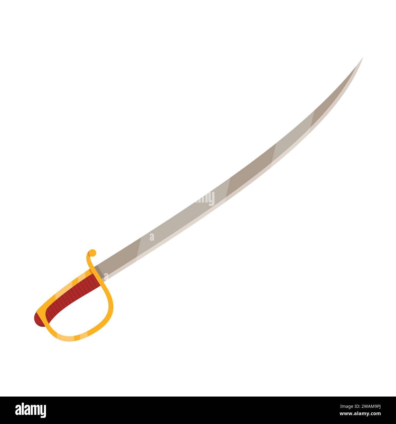 Sciabola di cavalleria con manico in oro isolato su sfondo bianco. Armi d'acciaio, armi medievali. Illustrazione vettoriale. Illustrazione Vettoriale