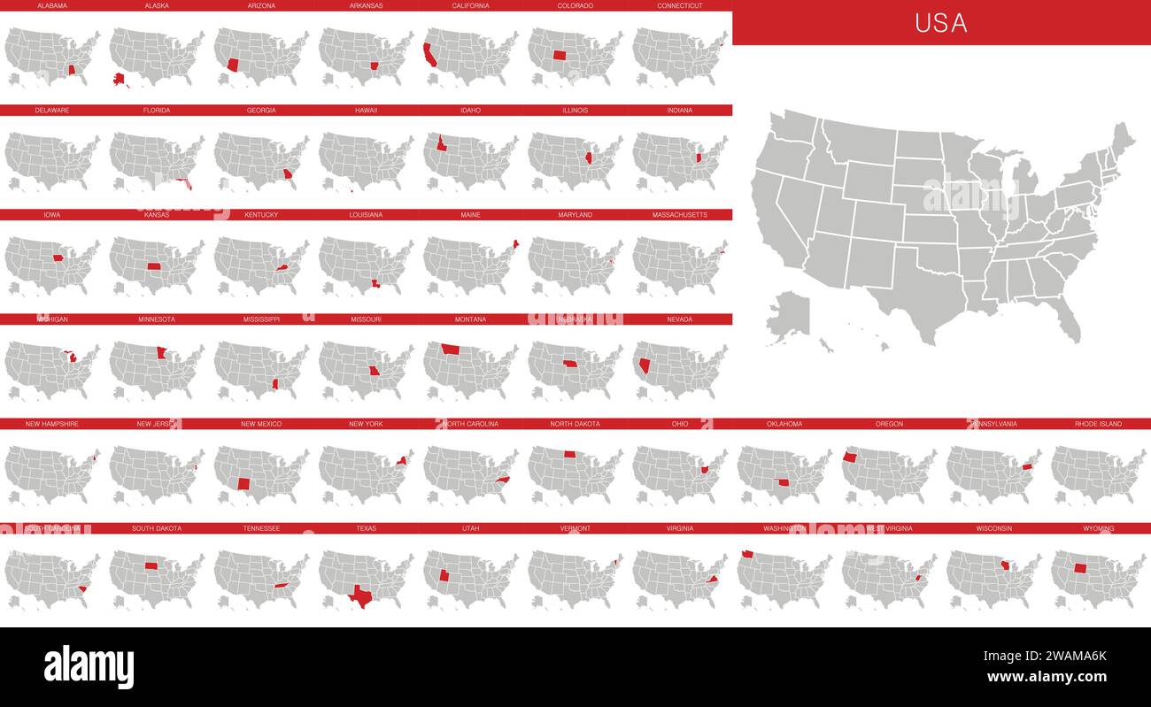 Mappa degli stati Uniti. Mappa degli Stati Uniti d'America in stile piatto. Mappa degli stati federali selezionati isolata su sfondo bianco. Illustrazione vettoriale Illustrazione Vettoriale