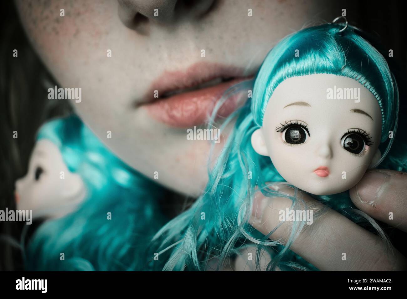 Ritratto di bambola gotica | Dark Fantasy | Fotografia dei giocattoli | testa giocattolo animo inquietante | viso primo piano | collezionista di bambine Fairtyale Girl | bambola in porcellana infestata Foto Stock