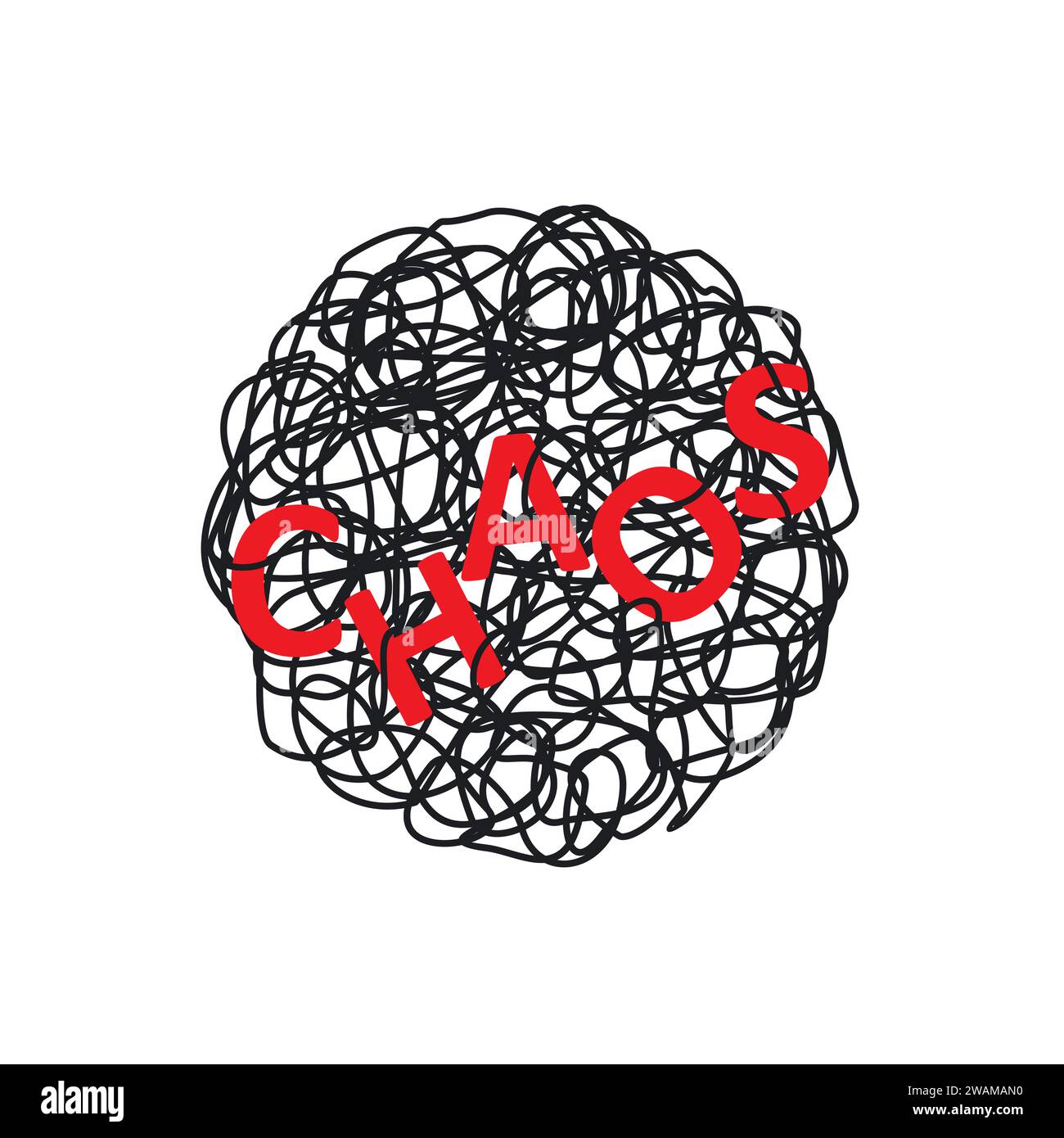 Illustrazione astratta disegnata a mano del caos su uno scarabocchio o un doodle aggrovigliato su sfondo bianco. Metafora del problema, situazione difficile, caos e Illustrazione Vettoriale