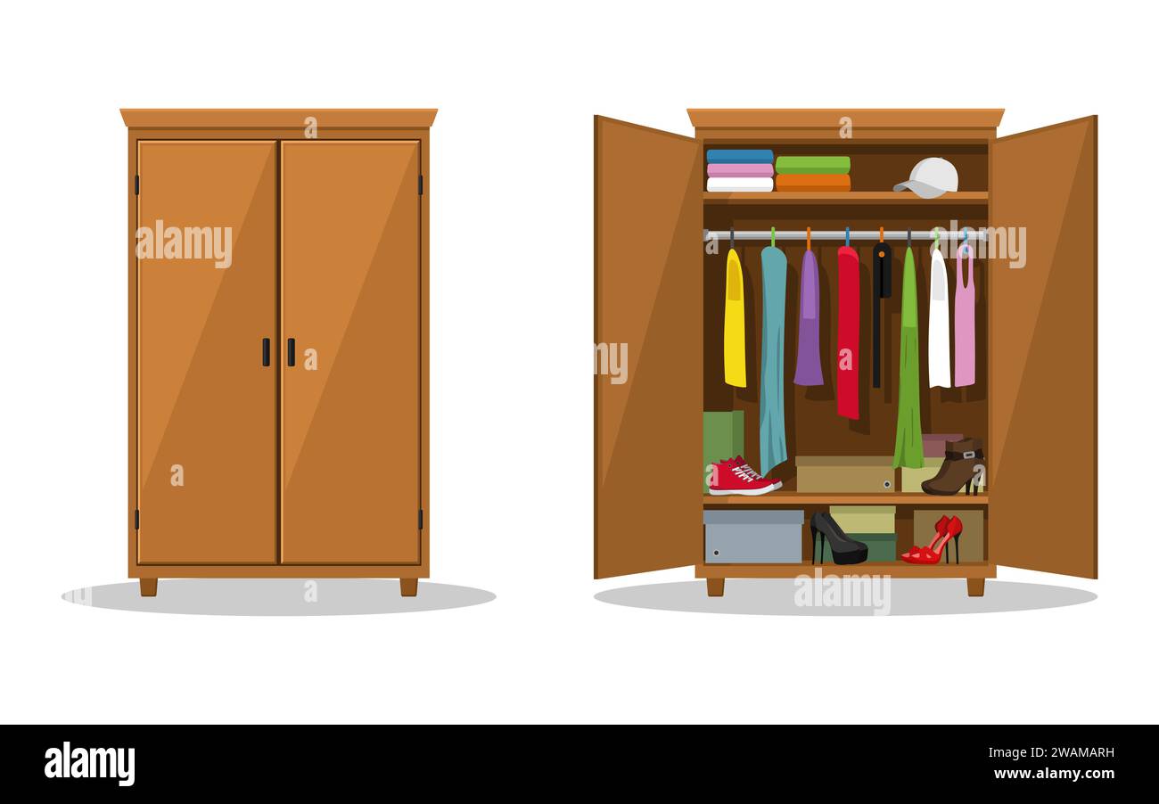 Aprire e chiudere il guardaroba con gli abiti. Armadio con vestiti, abiti, camicie, scatole e scarpe. Mobili in legno naturale. Illustrazione vettoriale. Illustrazione Vettoriale