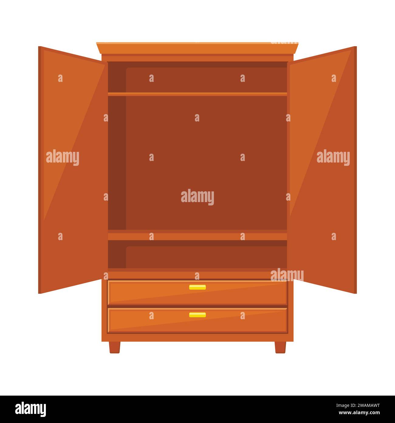 Armadio aperto vuoto isolato su sfondo bianco. Mobili in legno naturale. Icona del guardaroba in stile piatto. Armadietto per elementi interni della stanza da creare a parte Illustrazione Vettoriale