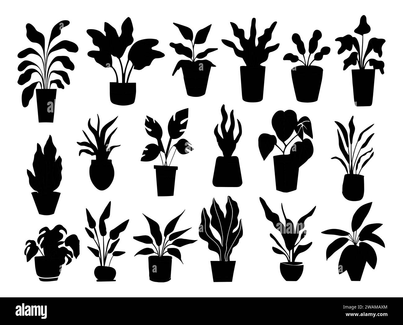 Sagome di diverse piante domestiche in set di pentole. Illustrazione Vettoriale