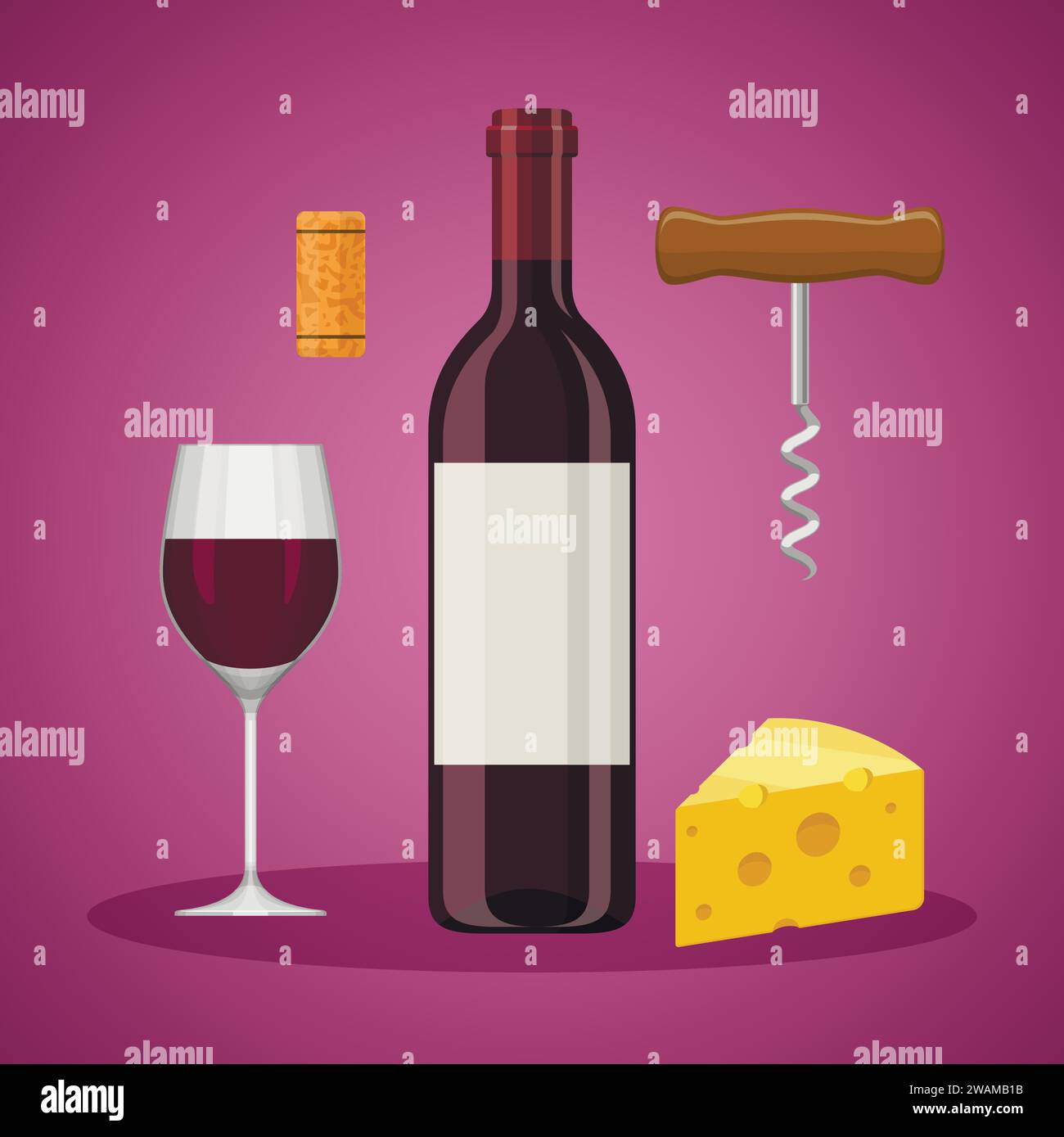 Set di vini: Bottiglia di vino, bicchiere di vino, formaggio, sughero e cavatappi. Icone colorate e piatte. Illustrazione vettoriale Illustrazione Vettoriale