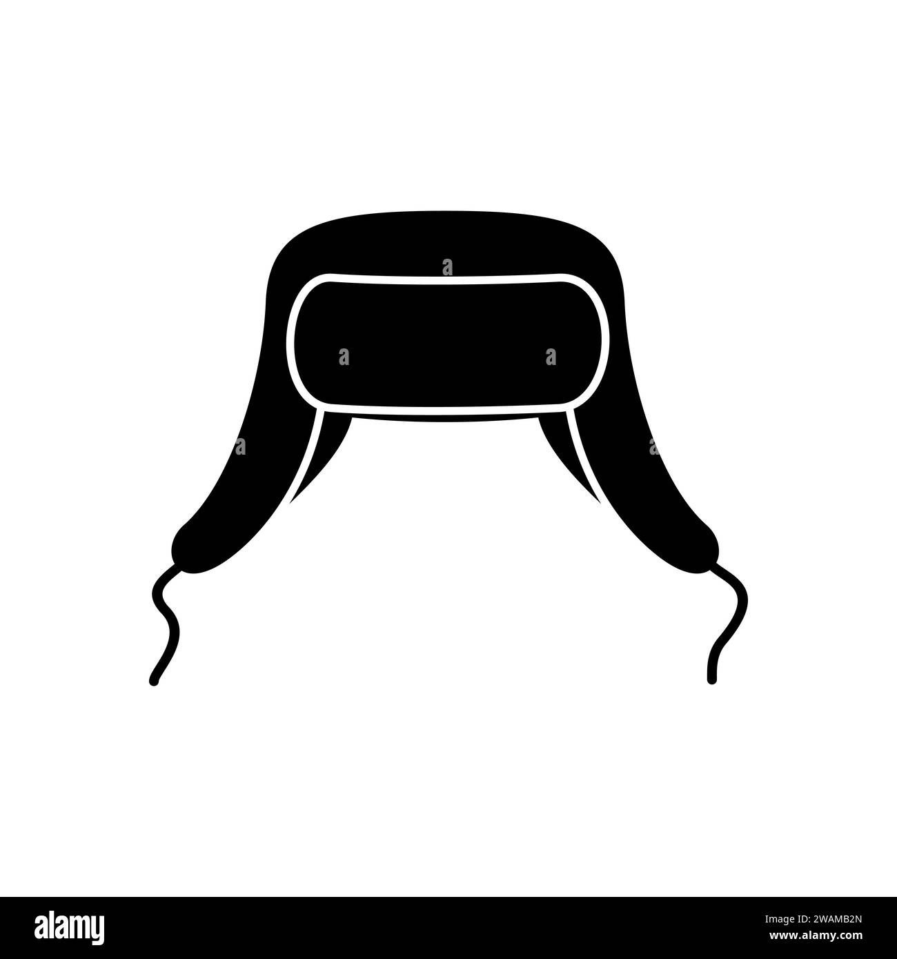 Cappello invernale icona nera isolata su sfondo bianco. Copricapo in maglia con due auricolari lunghi e un cappuccio per le basse temperature. Abbigliamento per esterni. Vect Illustrazione Vettoriale