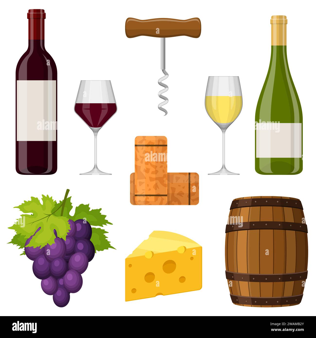Elementi di design vettoriale del set di vini su sfondo bianco. Bottiglia di vino, bicchiere di vino, formaggio, cavatappi, sughero, uva e botte. Vinificazione in piano. VEC Illustrazione Vettoriale