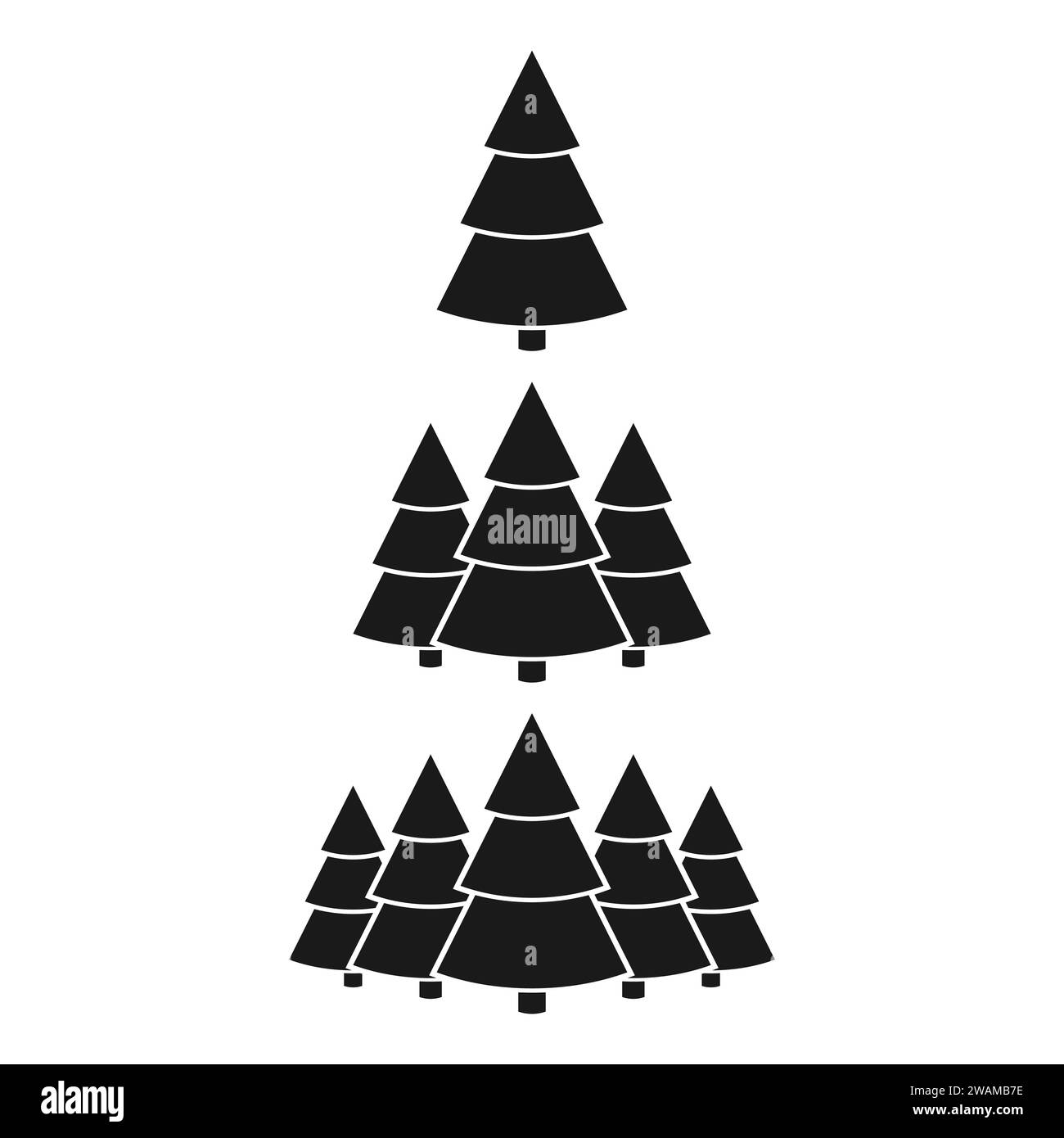 Le icone degli alberi di Natale impostano la forma conica su sfondo bianco. Decorazioni natalizie e di Capodanno. Biglietti d'auguri di design, sfondo natalizio, poster, Illustrazione Vettoriale