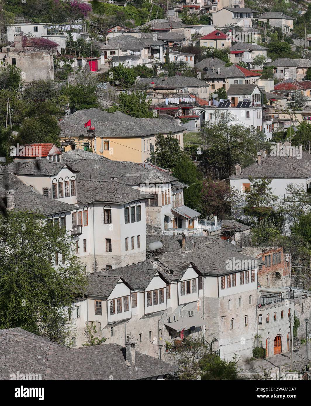 192 abitazioni in stile ottomano realizzate in pietra sul pendio giù per la collina di fronte alla cittadella da nord-ovest. Gjirokaster-Albania. Foto Stock