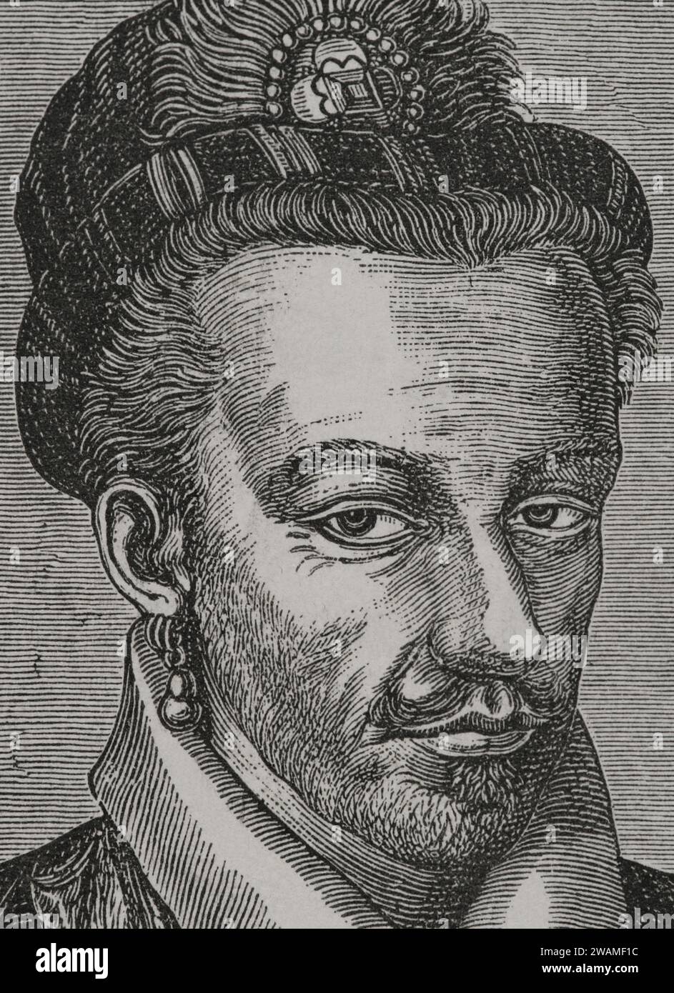 Enrico III (1551-1589). Re di Francia (1574-1589). Re di Polonia (1573-1574) come Enrico di Valois (Henryk Walezy). Ritratto. Facsimile dopo un'incisione di Léonard Gaultier. Dettagli. Sciences & Lettres au Moyen Age et à l'époque de la Renaissance. Parigi, 1877. Foto Stock