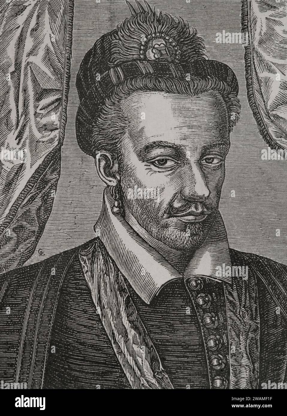 Enrico III (1551-1589). Re di Francia (1574-1589). Re di Polonia (1573-1574) come Enrico di Valois (Henryk Walezy). Ritratto. Facsimile dopo un'incisione di Léonard Gaultier. Sciences & Lettres au Moyen Age et à l'époque de la Renaissance. Parigi, 1877. Foto Stock