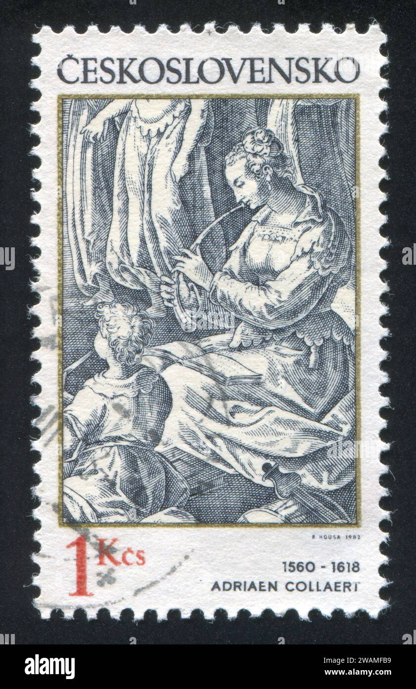 CECOSLOVACCHIA - CIRCA 1982: Timbro stampato dalla Cecoslovacchia, mostra flauto donna, di Adriaen Collaert, circa 1982 Foto Stock