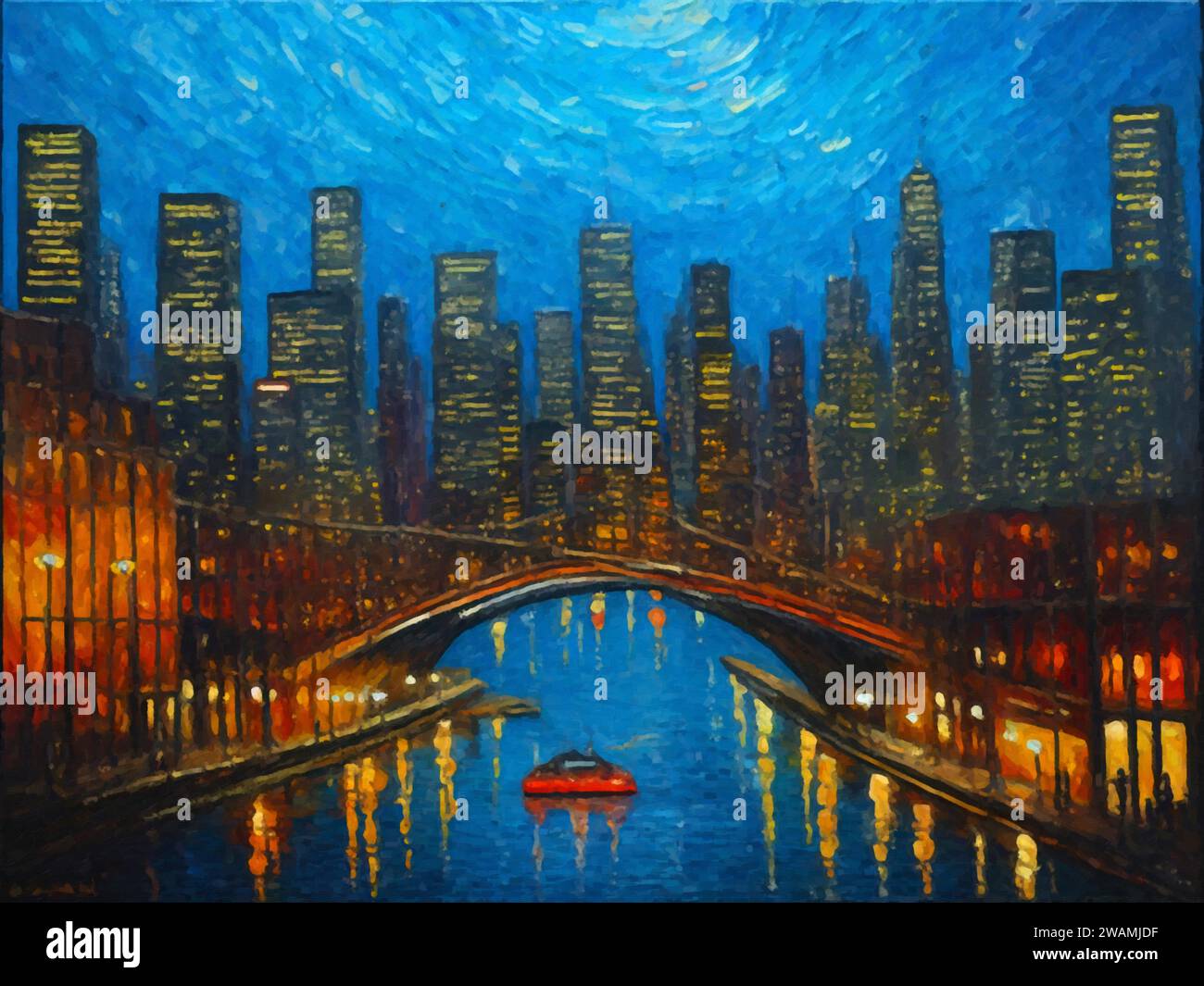 "Luci della città" (pittura), olio su tela raffigurante le vivaci luci della città dell'artista Younsi. Illustrazione Vettoriale