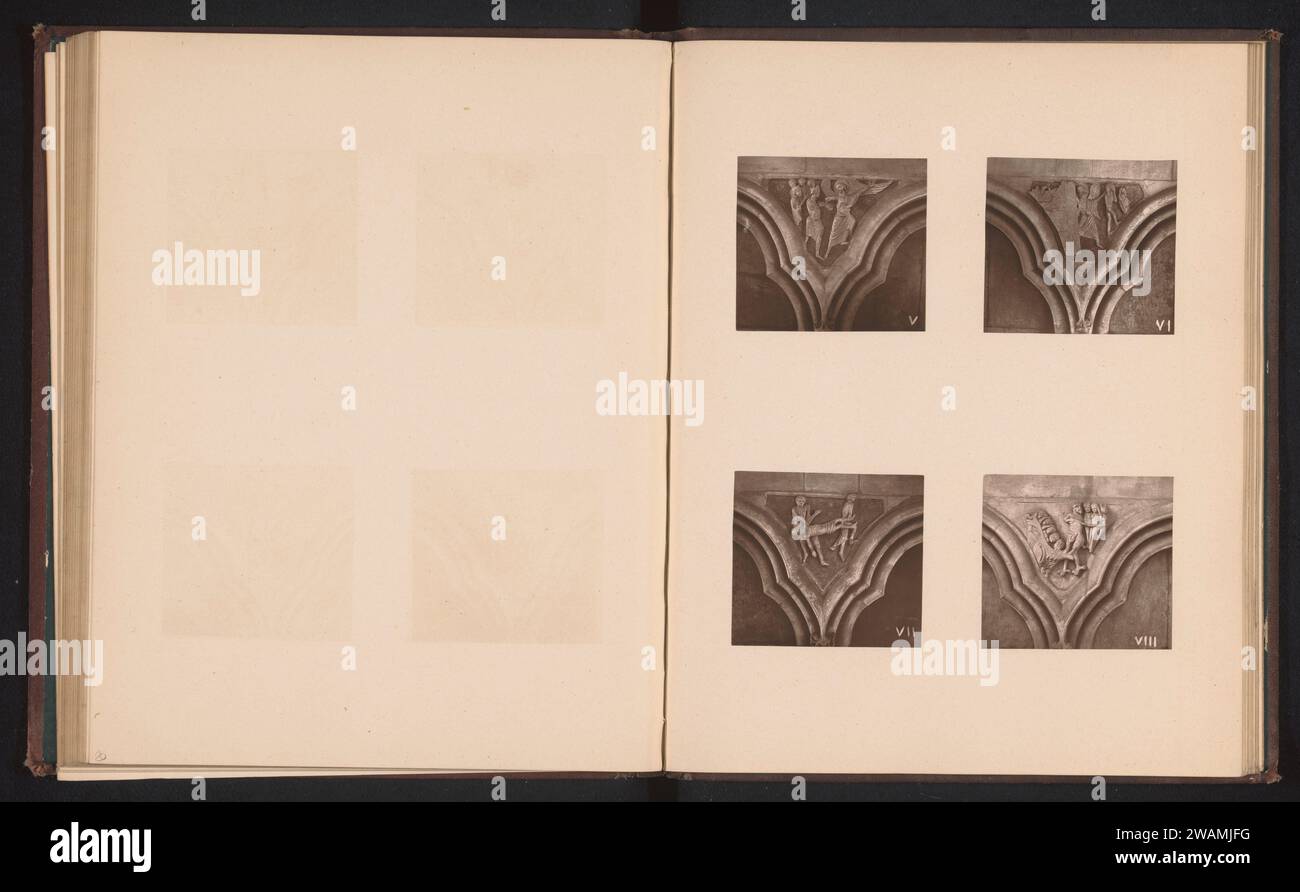 Quattro incisioni in un porticato della cattedrale di Worcester, Anonimo, c. 1863 - in o prima del 1873 stampa fotomeccanica in alto a sinistra i giusti sono condotti al cielo, in alto a destra Adamo ed Eva sono scacciati dal paradiso, in basso a sinistra Un uomo viene portato via da due figure, sotto i dannati uomini vengono gettati nell'Hellemond. intaglio carta  arti applicate. interno della chiesa. Ingresso dell'inferno come bocca mostruosa (del Leviatano). Un angelo insegue Adamo ed Eva fuori dal paradiso con una spada (fiammante) Foto Stock