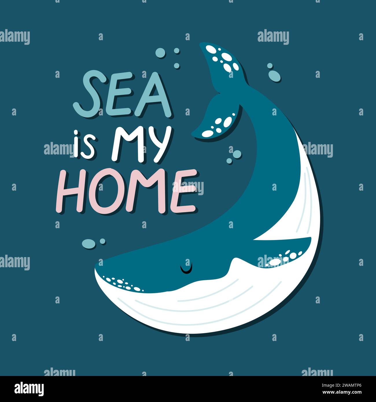 Il mare e' il mio disegno fatto a mano con la balena. Concetto di protezione vettoriale del mare per bambini. Illustrazione Vettoriale