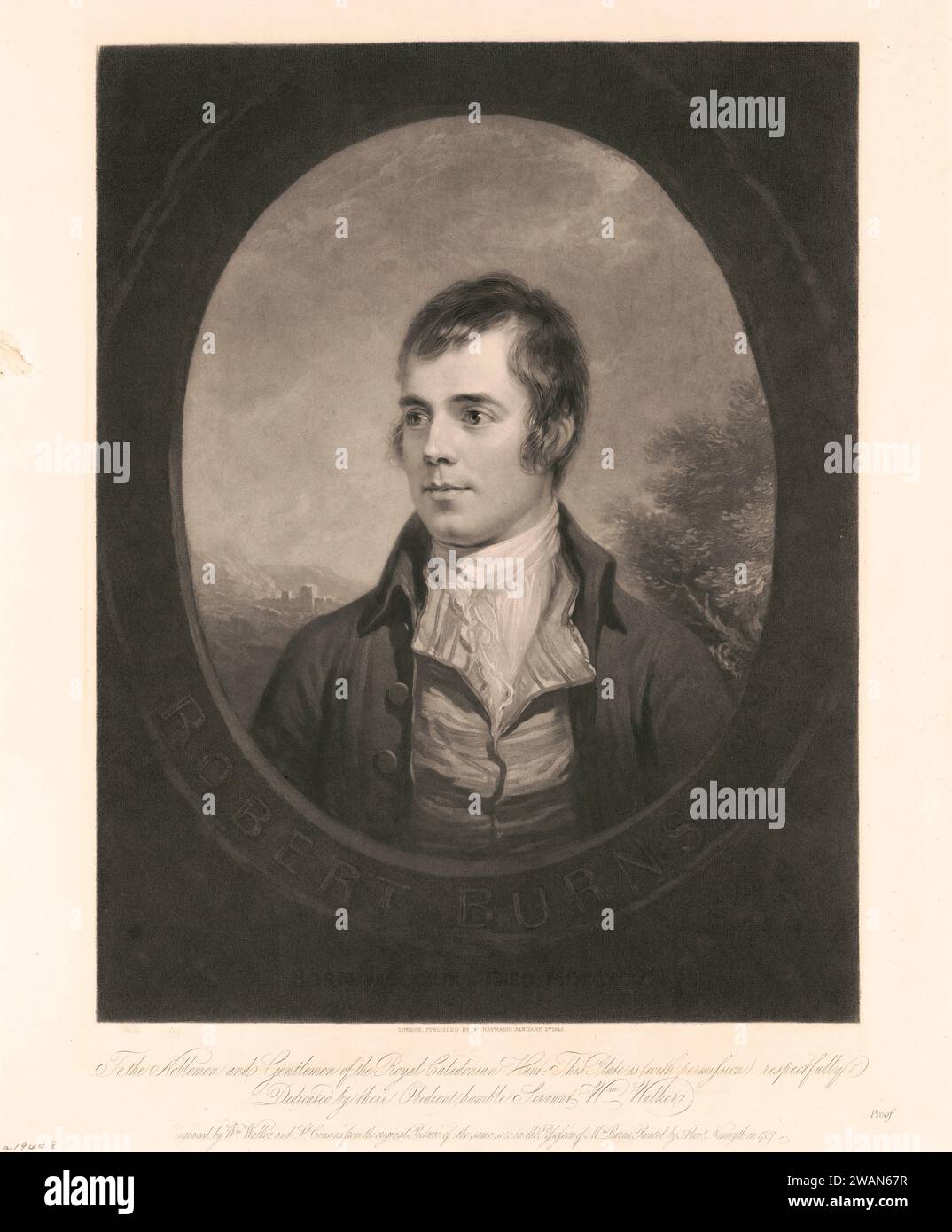Robert Burns (1759-1796), poeta e paroliere scozzese, ritratto della testa e delle spalle, inciso da William Walker e Cousins da un dipinto originale di Alexander Naysmith, pubblicato da W. Hayward, 1 gennaio 1842 Foto Stock