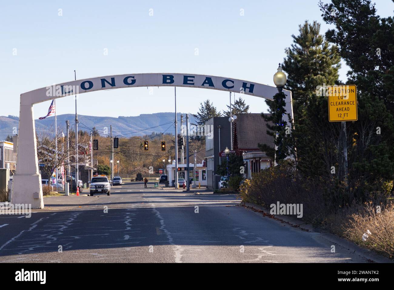 Long Beach WA USA novembre 27 2023. Insegna dell'arco per Long Beach Foto Stock