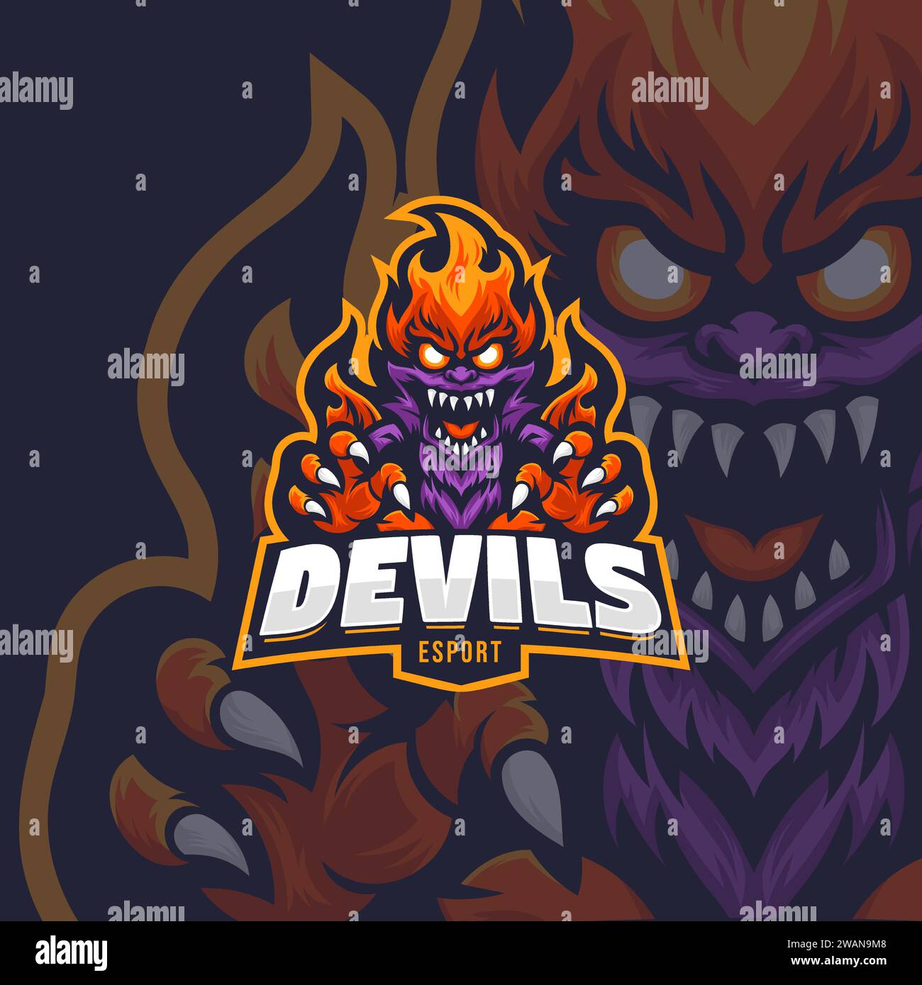 Illustrazione del vettore di esport della mascotte del mostro del fuoco. Emblema della mascotte di gioco e squadra sportiva Flame Devil. Illustrazione Vettoriale