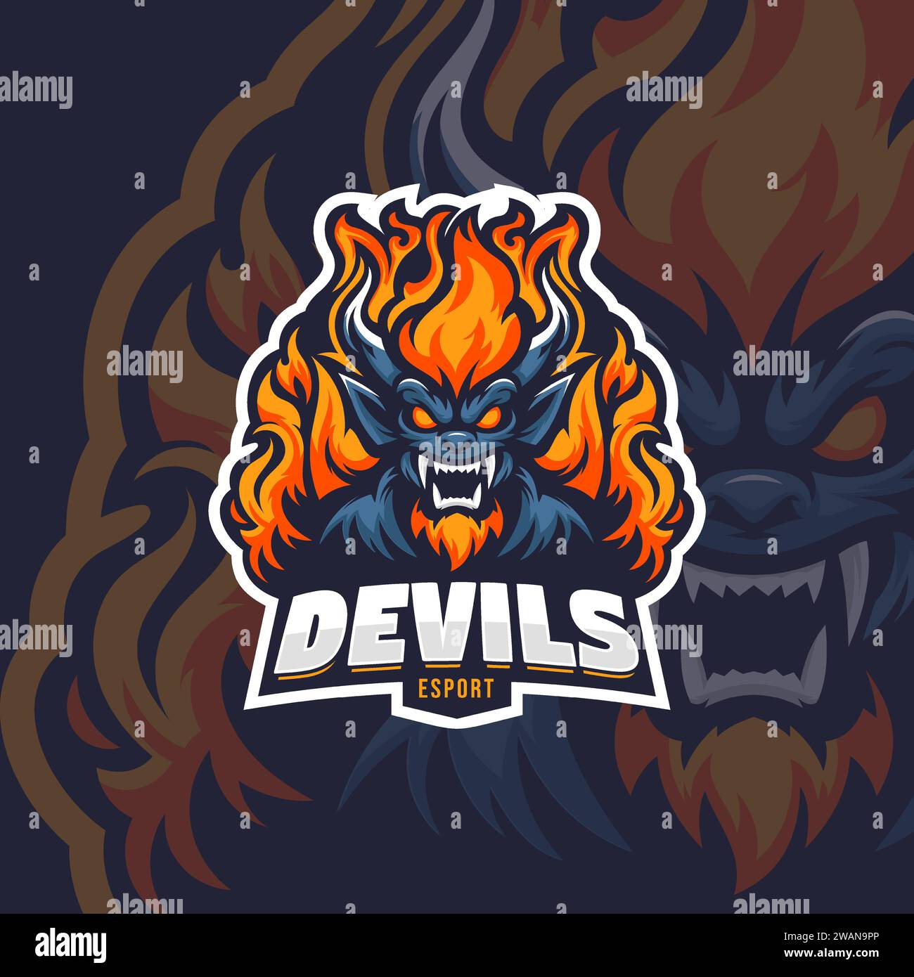Illustrazione del vettore di esport della mascotte del mostro del fuoco. Emblema della mascotte di gioco e squadra sportiva Flame Devil. Illustrazione Vettoriale