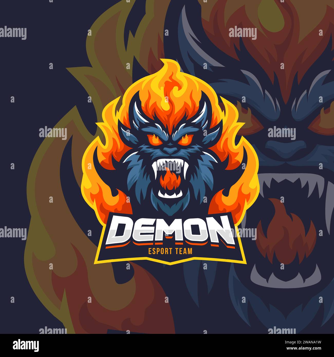 Illustrazione del vettore di esport della mascotte del mostro del fuoco. Emblema della mascotte di gioco e squadra sportiva Flame Devil. Illustrazione Vettoriale