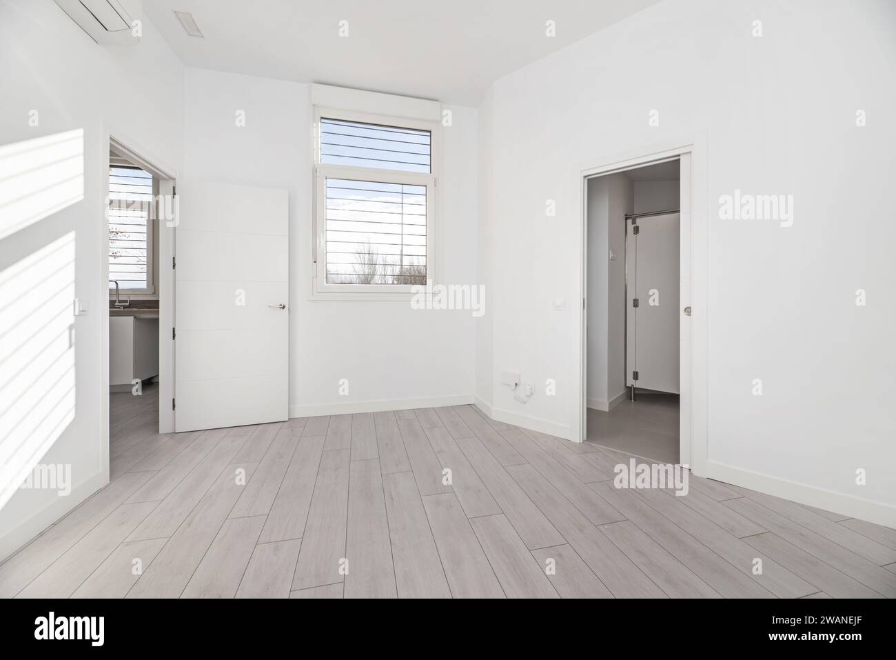 Una camera vuota in una casa al piano terra con pavimenti in parquet grigio, pareti dipinte di bianco e accesso a diverse camere Foto Stock