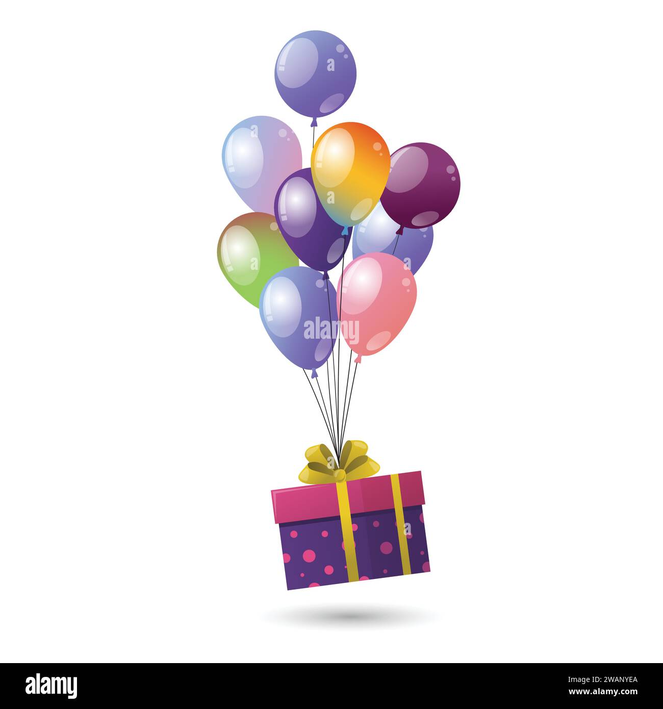 Confezione regalo con palloncini colorati, illustrazione vettoriale galleggiante, un mazzo di palloncini colorati e una confezione regalo Illustrazione Vettoriale