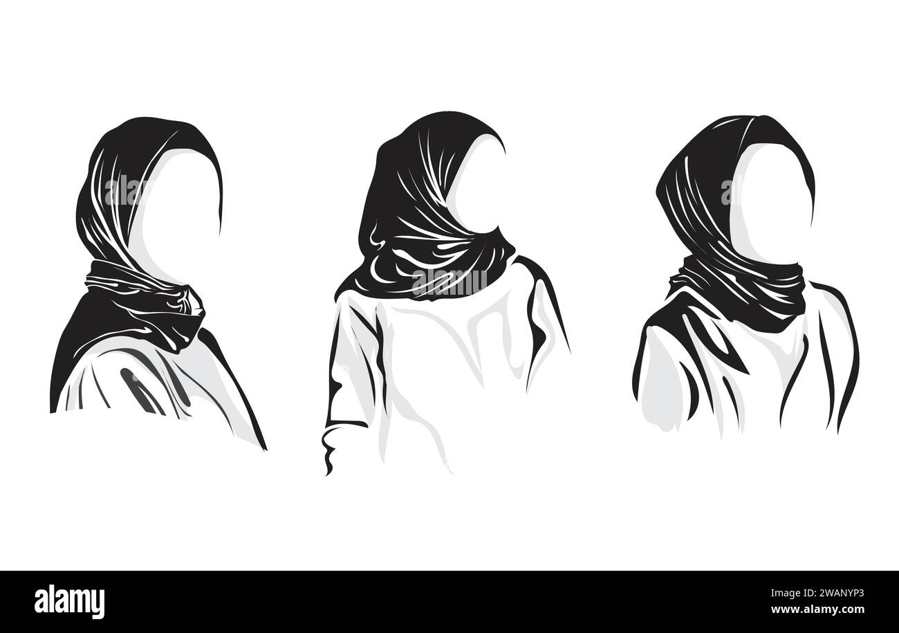 Disegno vettoriale di donna musulmana con Hijab . Set di eleganti modelli di logo mussulmani, Illustrazione Vettoriale