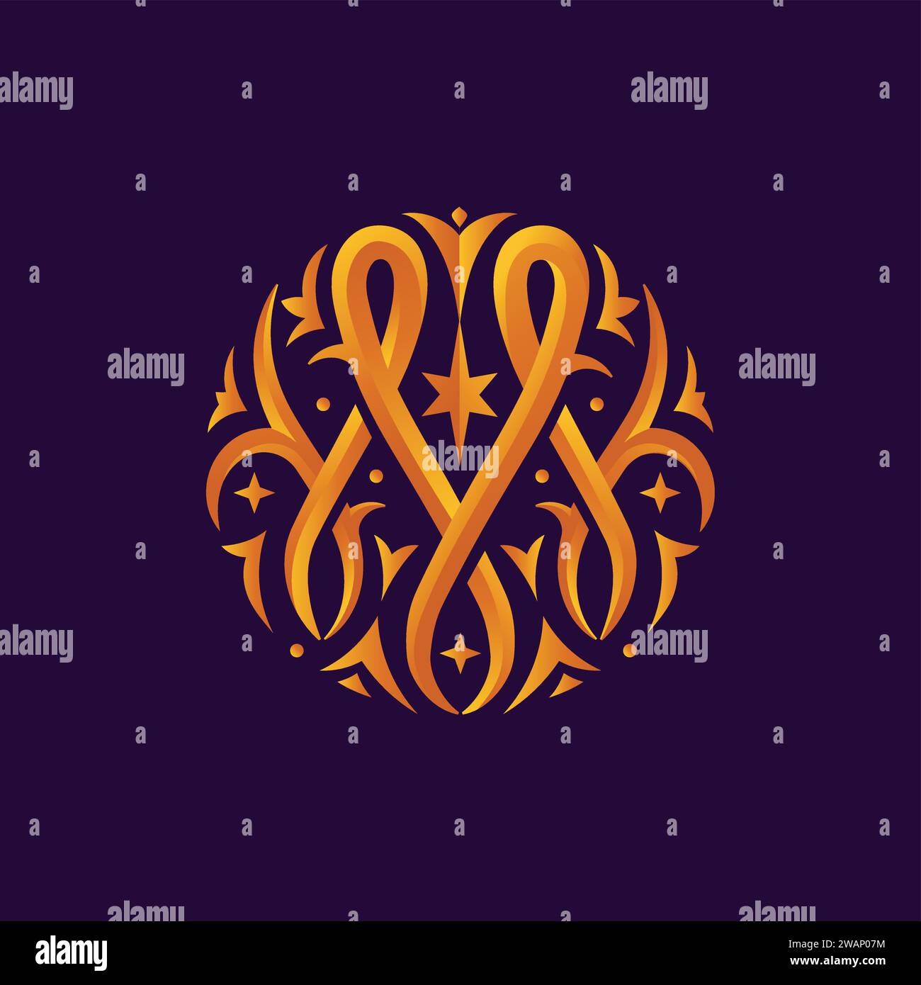 Cerchio lettera M con illustrazione a stella con monogramma di colori chiari e ombre modello logo vettoriale in stile classico Illustrazione Vettoriale