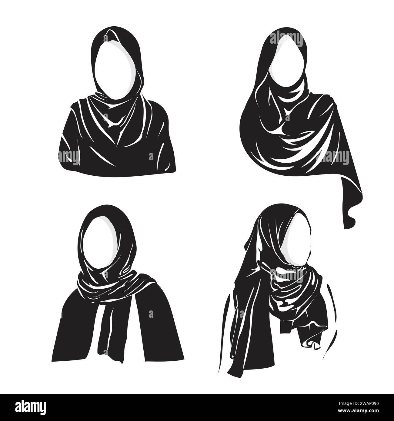 Disegno vettoriale di donna musulmana con Hijab . Set di eleganti modelli di logo mussulmani, Illustrazione Vettoriale