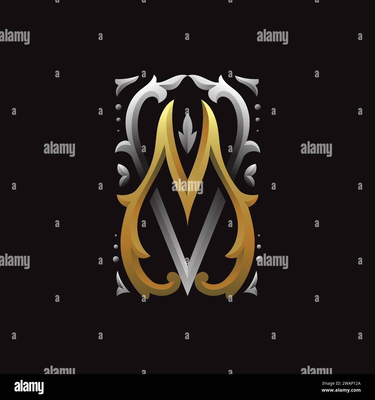 Illustrazione lettera MV o VM con colori chiari e ombre stile classico, lettera, vettore monogramma matrimonio Illustrazione Vettoriale