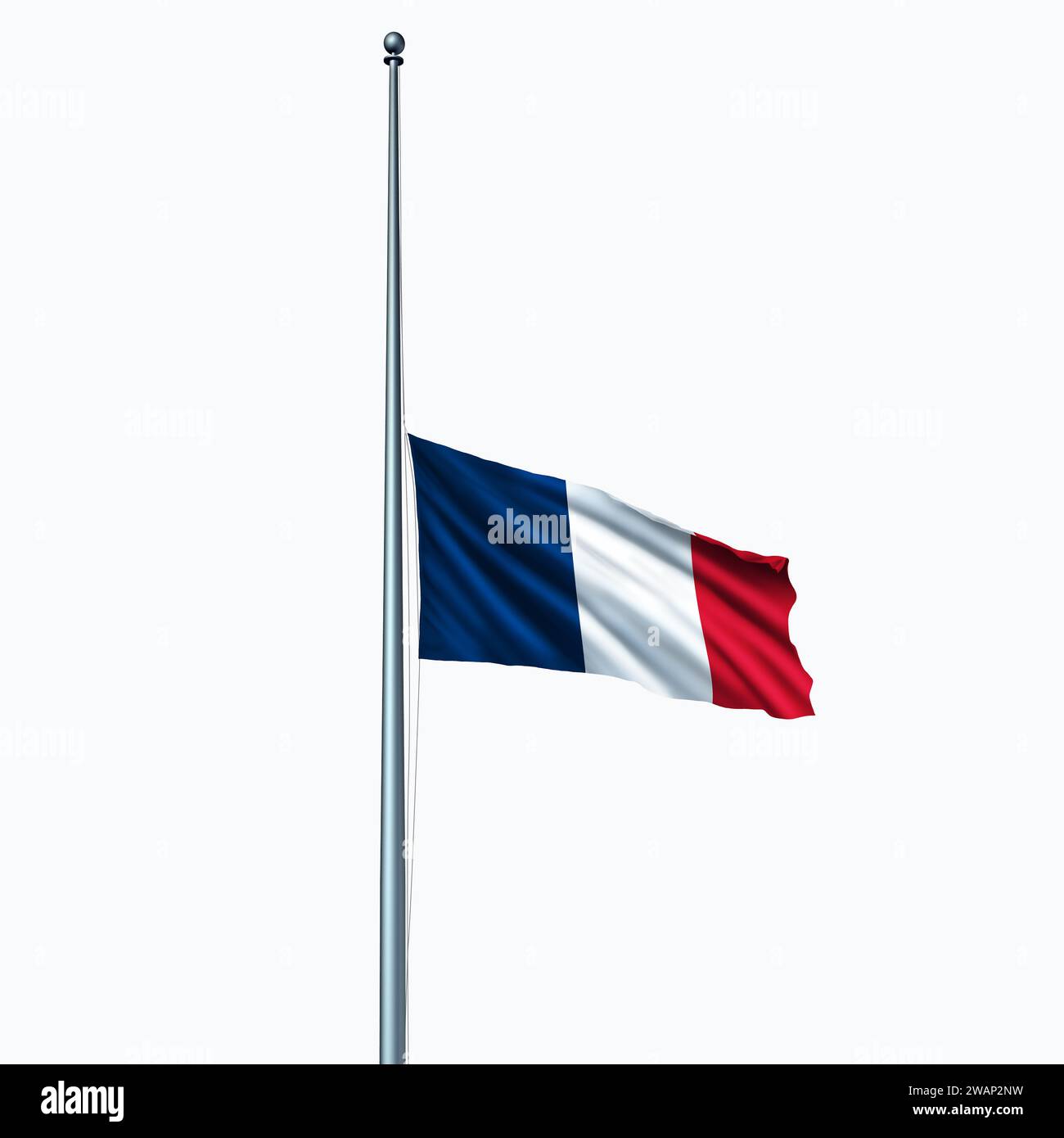 La Francia e i francesi in lutto come bandiera blu bianca e rossa a mezz'asta nel giorno della bandiera o del personale come icona d'onore rispetto e nazionale Foto Stock