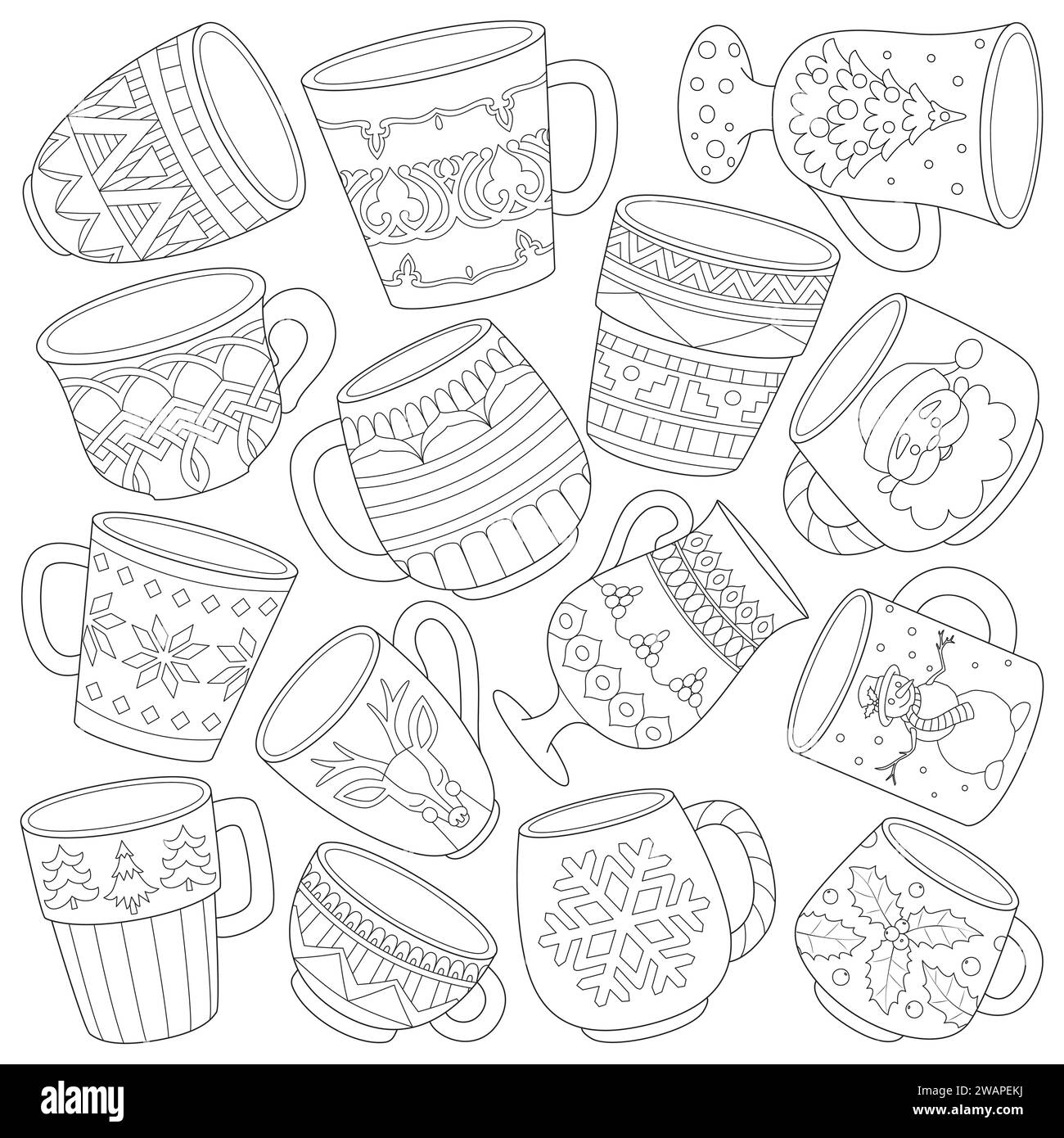 Splendido set di tazze e bicchieri festivi per bevande calde in stile natalizio, carino libro da colorare, tazze natalizie e bicchieri da bevande calde, tazza dell'albero di Natale, eleganti tazze con motivi, tazza di renna, tablewar Illustrazione Vettoriale