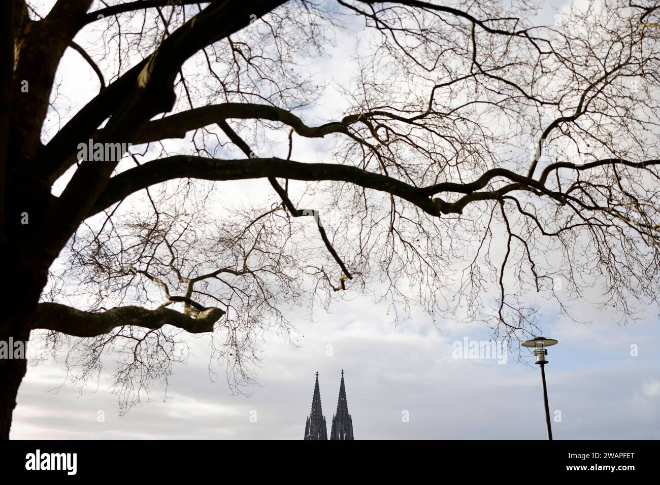 Der Kölner Dom gesehen vom Deutzer Rheinufer aus. In der größten NRW-Stadt Köln mit gut einer million Einwohnern gab es im ZeitRaum Januar 2023 bis einschließlich November 14,430 Kirchenaustritte. Themenbild, Symbolbild Köln, 04.01.2024 NRW Deutschland *** Cattedrale di Colonia vista dalle rive del Reno a Deutz a Colonia, la più grande città della Renania settentrionale-Vestfalia con una popolazione di poco più di un milione, 14.430 persone hanno lasciato la chiesa tra gennaio 2023 e novembre immagine a tema, immagine simbolica Colonia, 04 01 2024 NRW Germania Copyright: xChristophxHardtx Foto Stock