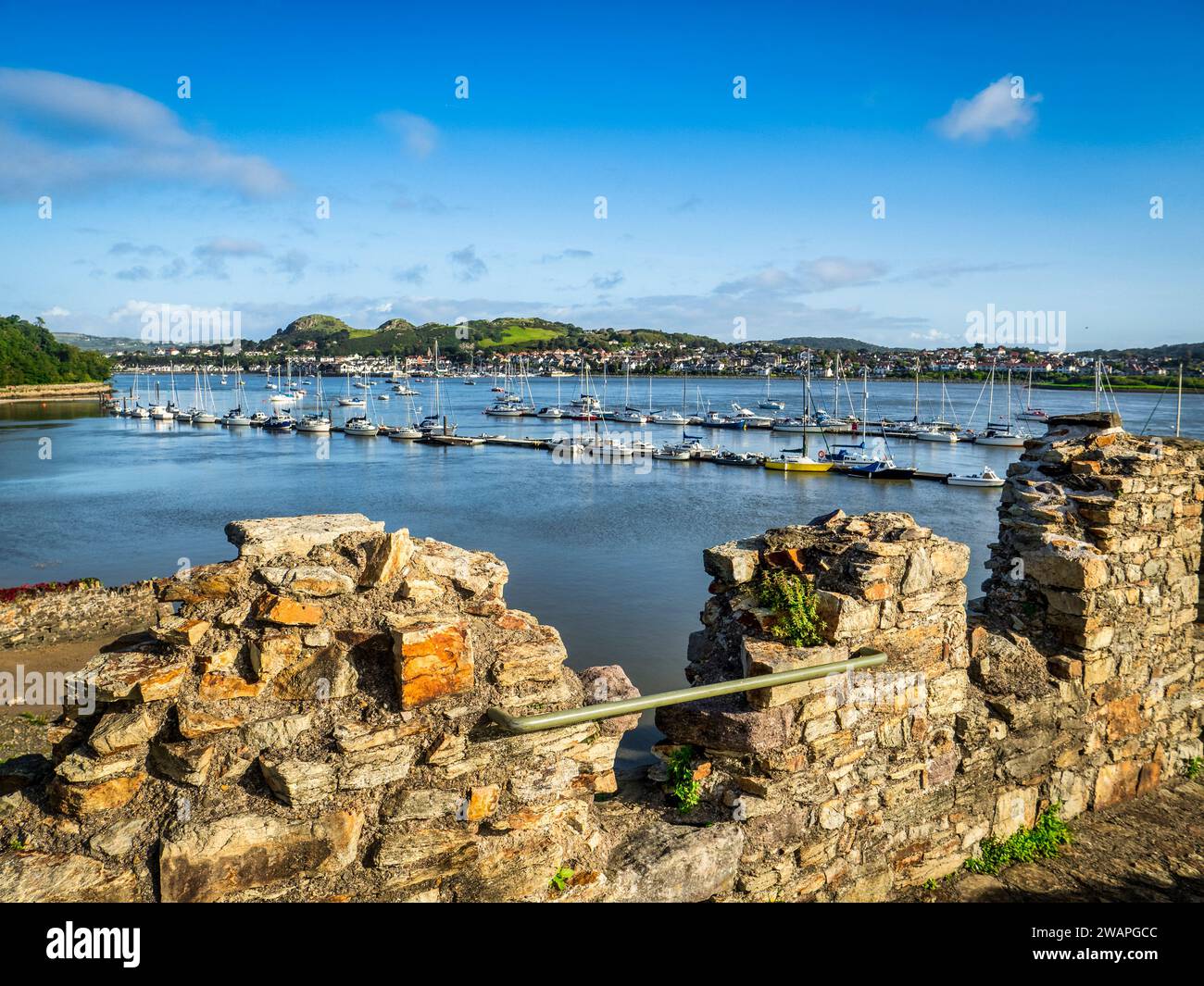 Estuario del fiume Conwy dalle mura cittadine del XIII secolo, guardando verso l'ex sito del Castello di Deganwy, le due colline arrotondate in lontananza. Foto Stock